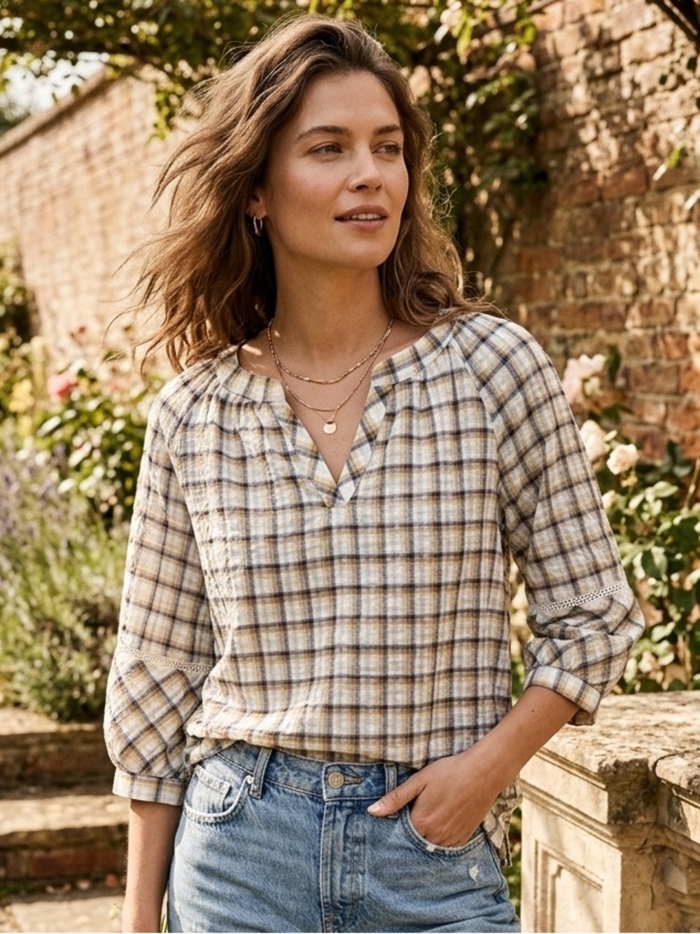 Plaid V-Neck Blouse - 3/4 Sleeves with Eyelet Trim Detail - BNWT ($105)